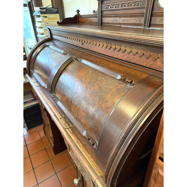 Victorian Antique Walnut Roll Top Desk, Many Drawers & Cubby Holes, Leather Mat For Sale - Image 3 of 12