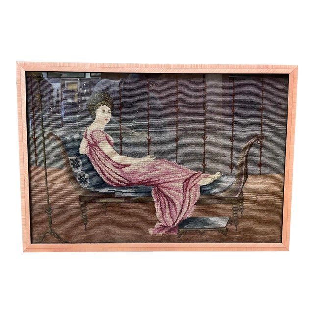 Antique Framed Needlepoint of Woman on Chaise Lounge, 1922 For Sale