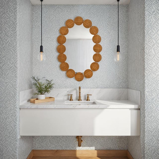 Balka Wall Mirror with rattan circles rounding the mirror. Material: Rattan Item Bevel: No Hanger Type: D-Ring Hangs Both...