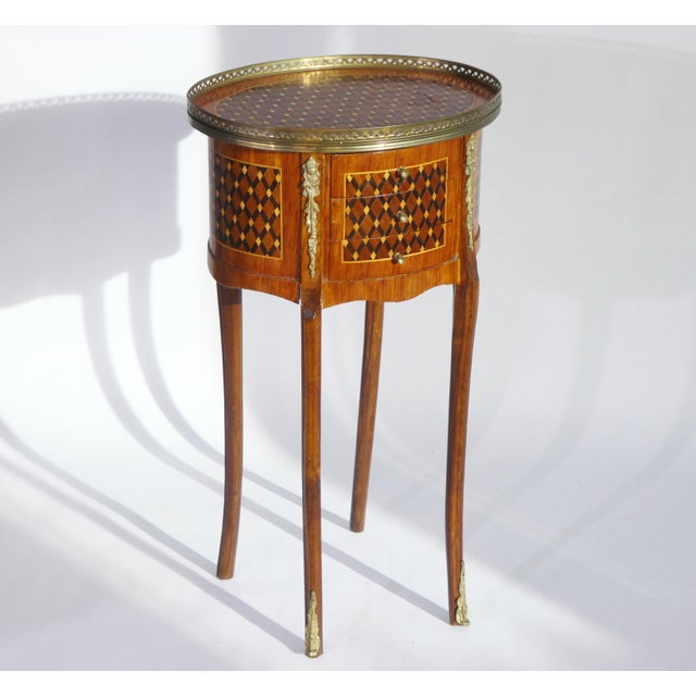 Small French Louis XV Style Oval Marquetry Side Table or Nightstand with Drawers and Brass Details, 1960s For Sale - Image 4 of 10