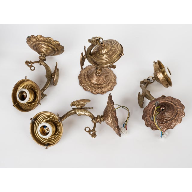 Metal 1950s Spanish Empire Cast Brass Dragon Sconces With Scavo Glass Globes - A Set of 4 For Sale - Image 7 of 11