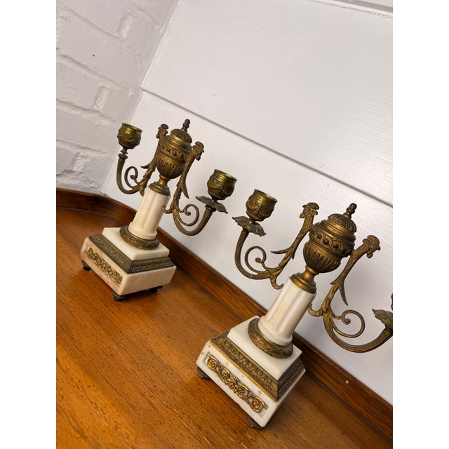 Pair of French Empire Style 19 Century Pair of Marble & Gilt Bronze Candle Sticks With Rooster Heads For Sale - Image 4 of 13
