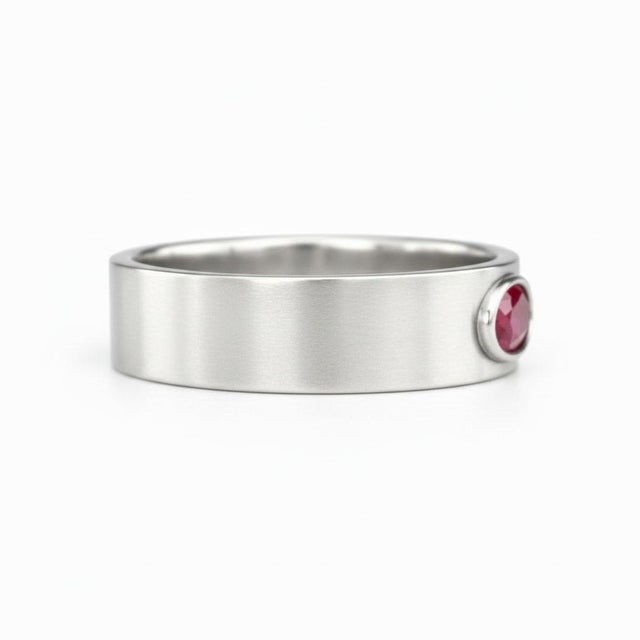 Modern Bezel Set Oval Ruby Wide Matte Band Silver, Gold, Size 10 For Sale - Image 3 of 7