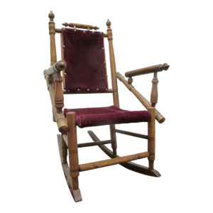 Antique Walnut & Red Velvet Spindle Rocking Child Chair