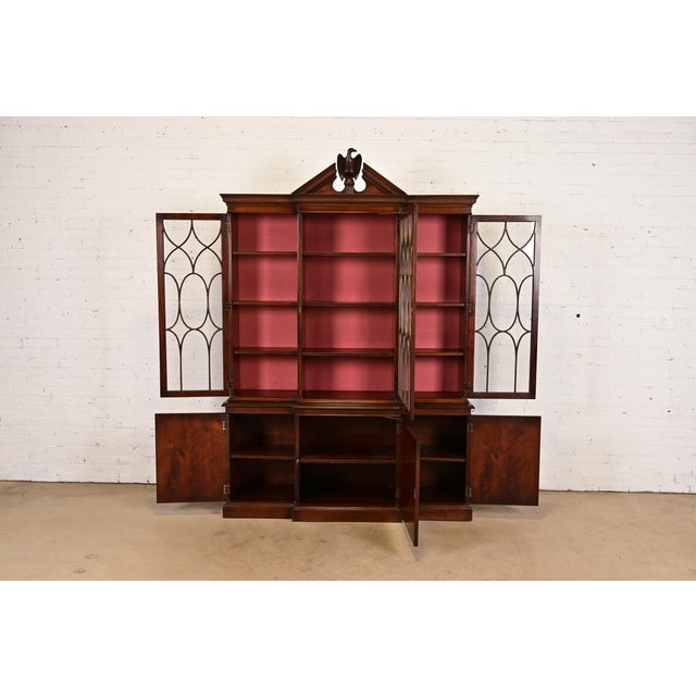 1940s Charak Furniture Georgian Flame Mahogany Breakfront Bookcase Cabinet With Carved Eagle Finial, 1940s For Sale - Image 5 of 13