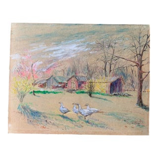 1960s Vintage Original Painting on Board of a Farm Landscape For Sale