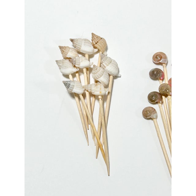 Coastal Shell Cocktail Pick Set With Etched Green Glass – Vintage Entertaining Barware - Set of 30 For Sale - Image 4 of 6