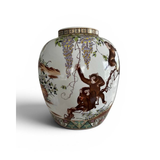 Late 20th Century Chinese Hand-Painted Porcelain Vase With Monkey Family Landscape Scene For Sale - Image 6 of 6