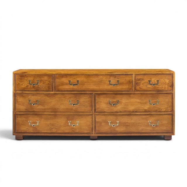 Henredon Campaign Mid Century Oak and Brass Lowboy Dresser This lowboy measures: 70 wide x 19 deep x 30 inches high...