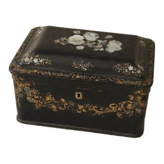 Antique Victorian Papier Mache Tea Caddy Mother of Pearl Inlay Black Lacquer Box Cut Crystal Mixing Bowl 19th Century For Sale
