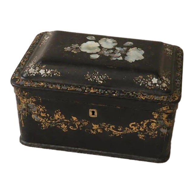 Antique Victorian Papier Mache Tea Caddy Mother of Pearl Inlay Black Lacquer Box Cut Crystal Mixing Bowl 19th Century For Sale