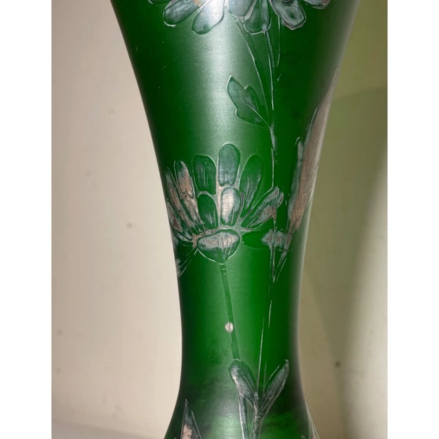 Tall Antique Sterling Silver Overlay Cameo Frosted Green Glass Flower Vase For Sale - Image 10 of 12