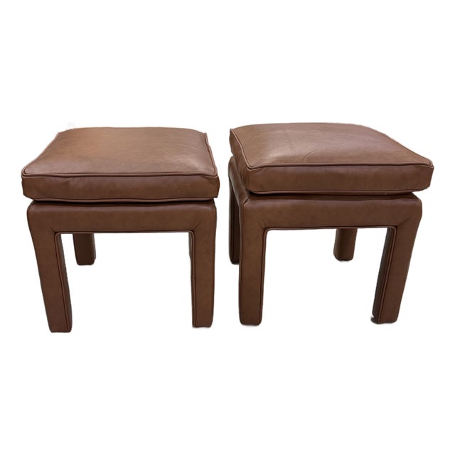 Pair of Vintage Leather Ottomans in Caramel Brown For Sale