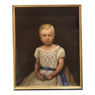 Biedermeier Artist, Child Portrait, Girl with Rose, 1840, Oil Painting on Canvas, Framed For Sale