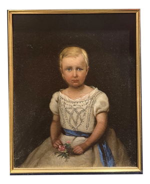 Biedermeier Artist, Child Portrait, Girl with Rose, 1840, Oil Painting on Canvas, Framed