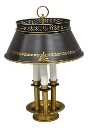 Vintage French Country Brass Tole Metal Shade Bouillotte Candlestick Table Lamp