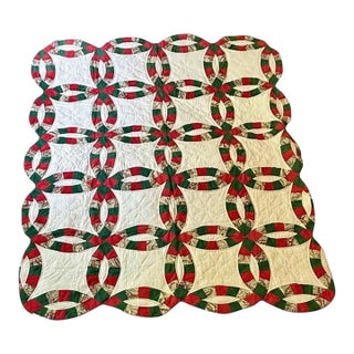 Vintage Handmade Double Wedding Ring Quilt-Wall Hanging-Christmas Throw-Holiday For Sale