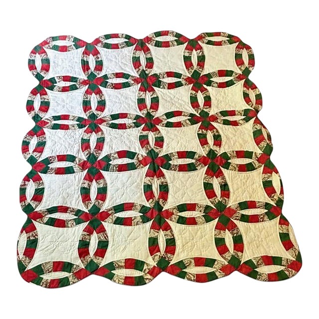 Vintage Handmade Double Wedding Ring Quilt-Wall Hanging-Christmas Throw-Holiday For Sale