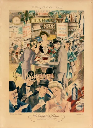 1930's French Lottery Poster, Les Estampes De La Loterie Nationale, Un Guichet De Loterie by Louis Ferrand