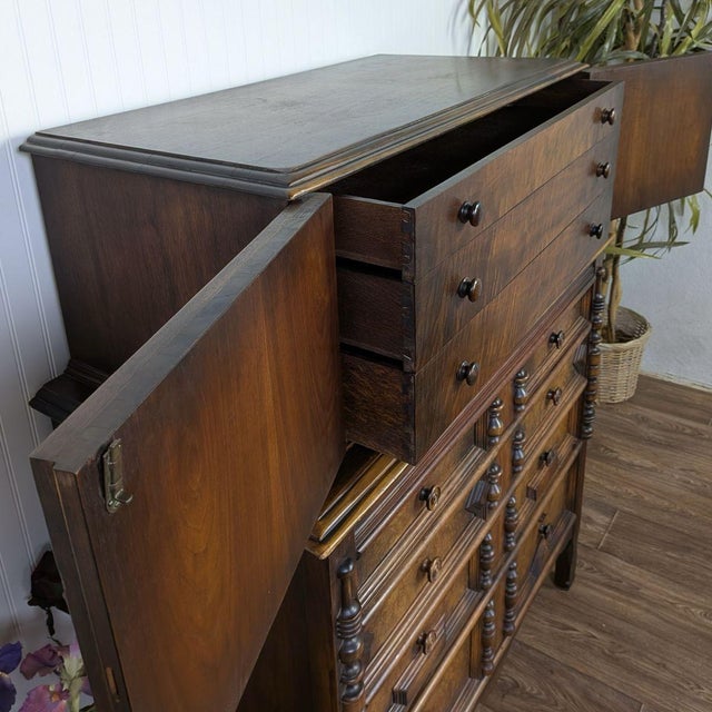 Late 20th Century Vintage Burl Wood Spanish Revival Chest-on-Chest Dresser For Sale - Image 5 of 16