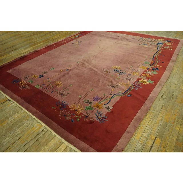 Art Deco 1920s Pink Rose Open Floral Vase Antique Chinese Art Deco Carpet 9' X 11' 7" Knotted Wool Rug For Sale - Image 3 of 12