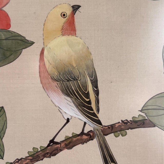1970s Hand-painted silk panels Chinoiserie birds and flowering branches w/ glare-free glass stamped signed - Set of 2 Framed For Sale - Image 18 of 18