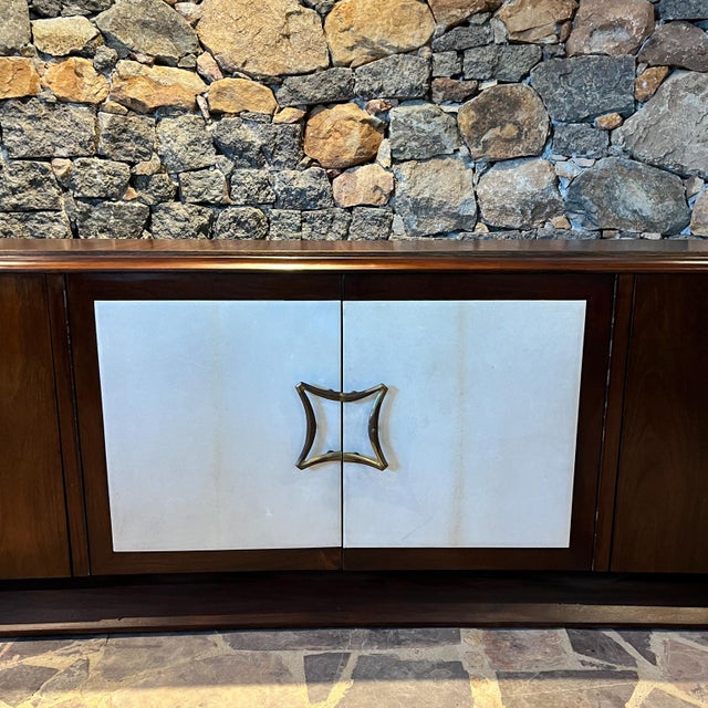 Mid-Century Modern 1950s Arturo Pani Credenza Mahogany Leather and Brass Mexico For Sale - Image 3 of 12