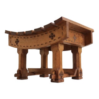 Antique Dutch Arts & Crafts Stool in Carved Oak, 1900 For Sale