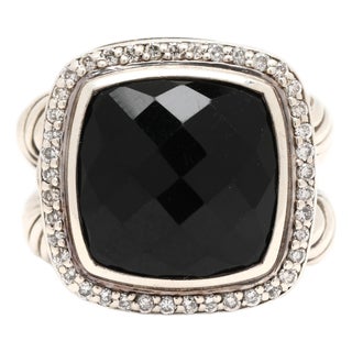 David Yurman Diamond and Black Onyx Statement Ring, Sterling Silver, Size 6.5 For Sale