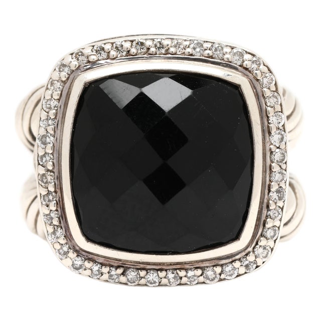 David Yurman Diamond and Black Onyx Statement Ring, Sterling Silver, Size 6.5 For Sale