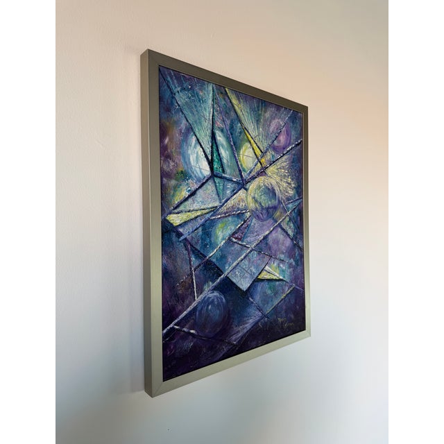 Striking vintage abstract oil painting titled “Escape” by Noney Coleman. Featuring intersecting geometric forms and...