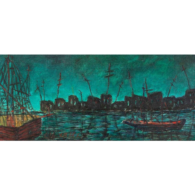 Maritime Impressionist painting in somber night sky colors.