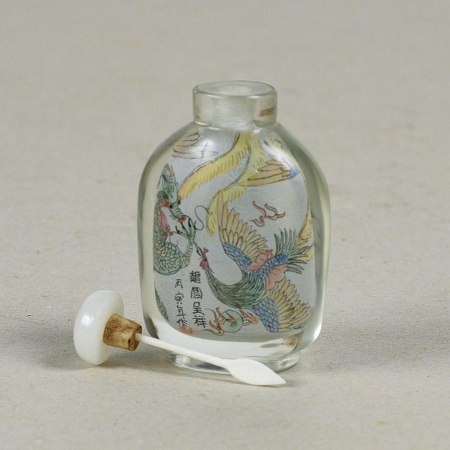 Chinese Snuff Bottle in Glass with Dragon and Phoenix For Sale - Image 8 of 9