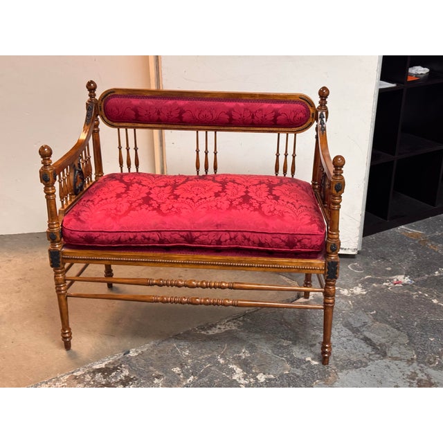 Red Antique Victorian Red Damask Upholstered Settee For Sale - Image 8 of 12