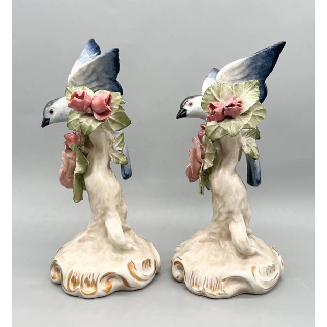 Shabby Chic Pair of Vintage English Copeland Porcelain Bird Figurines — Bluebirds With Pink Blossoms — European / Cottagecore / Romantic For Sale - Image 3 of 14