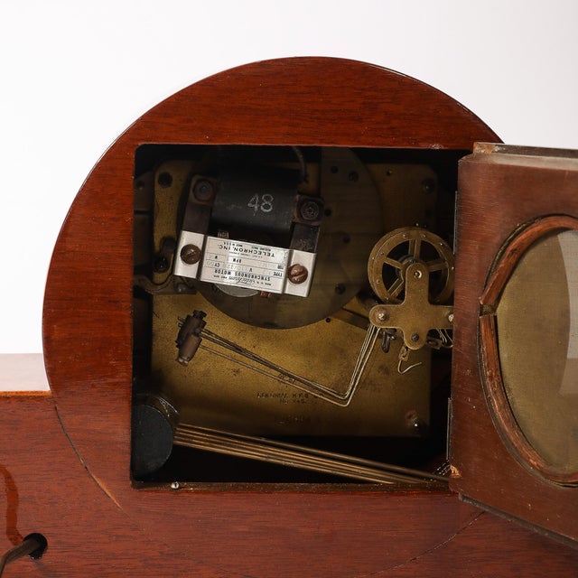 Art Deco Machine Age Burled Walnut With Aluminum Banded Detail Electric Clock For Sale - Image 10 of 12