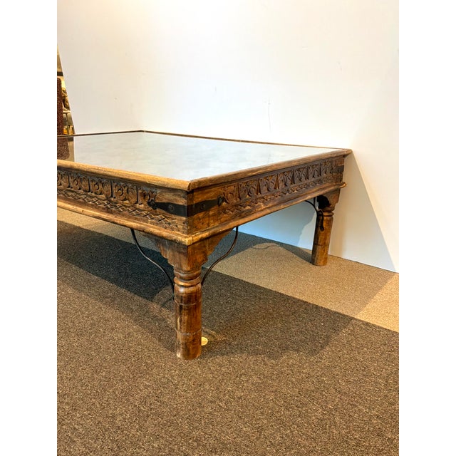Indian Antique Indian Wood & Iron Carved Door Cocktail Table. For Sale - Image 3 of 8