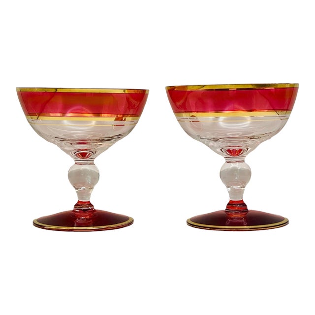 Early 20th Century Cranberry Glass Champagne Saucers- A Pair For Sale