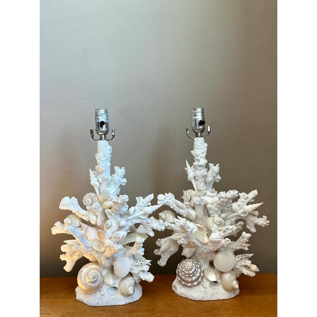 Vintage Shell and Plaster Faux Coral Table Lamps - Pair For Sale - Image 9 of 12