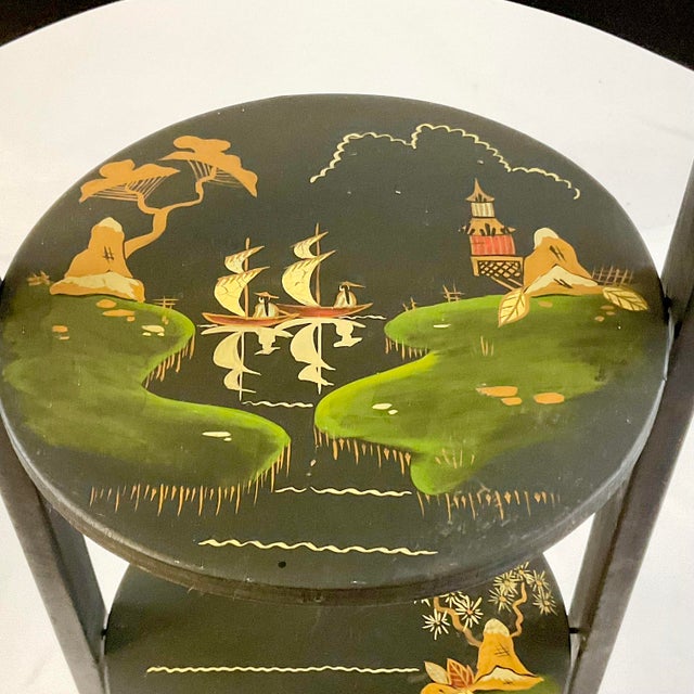 Chinoiserie Vintage Chinoiserie Ebonized Black Three Tier Pie, Desert Table Stand. For Sale - Image 3 of 12