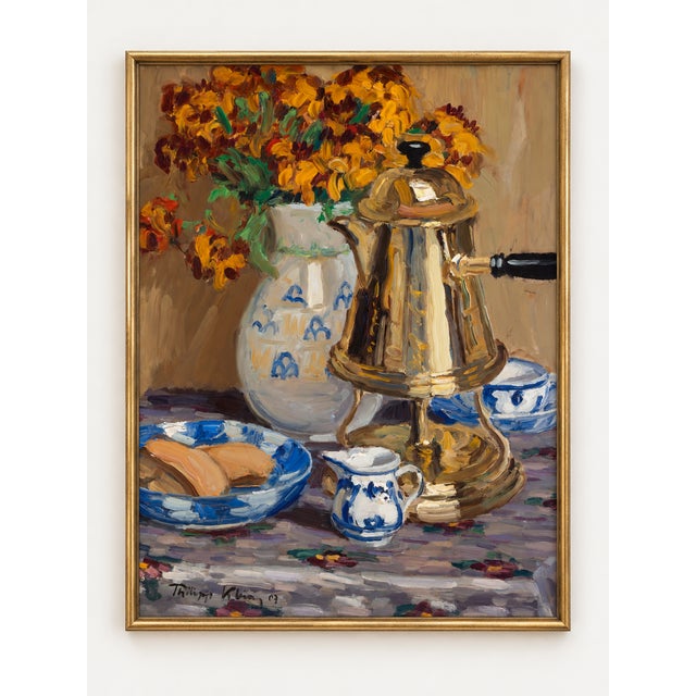This vintage coffee wall art print reproduces Goldlack (1907) by German Impressionist Philipp Klein. A gleaming silver...