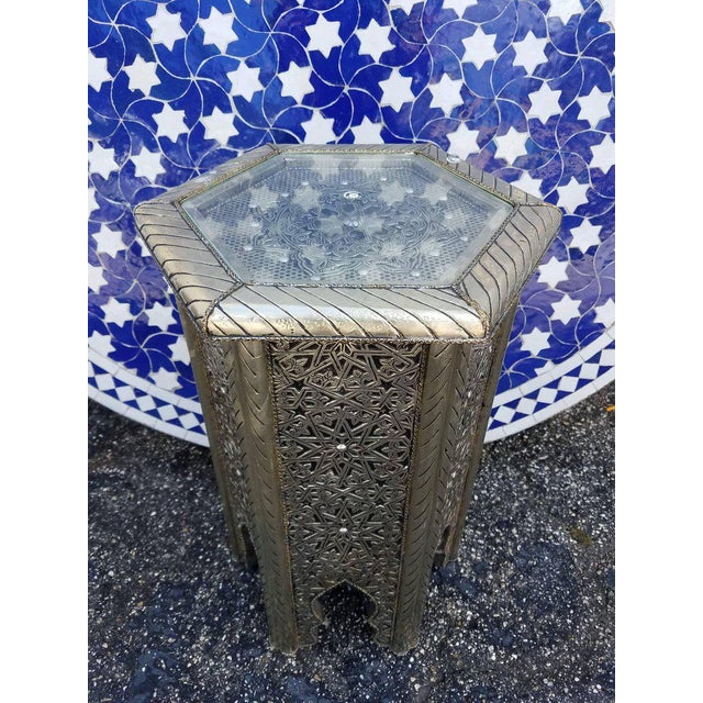 Moroccan Hexagonal Metal Inlaid Side Table For Sale In Orlando - Image 6 of 7