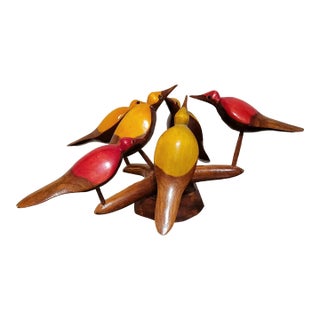 Mid 20th Century Colorful Wooden Birds Art Sculpture For Sale