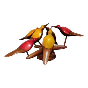 Mid 20th Century Colorful Wooden Birds Art Sculpture