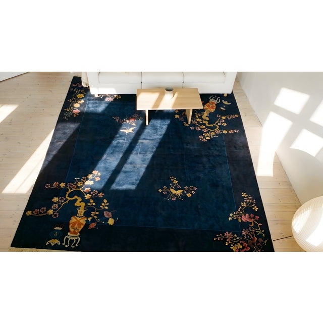 Extraordinarily Sprays of Flower With Butterfly in a Black Background Chinese Art Deco Rug For Sale - Image 13 of 15