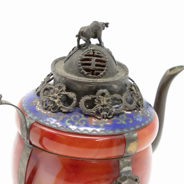 Vintage Chinese Carnelian and Enamel With Bronze Filigree Teapot For Sale - Image 12 of 13