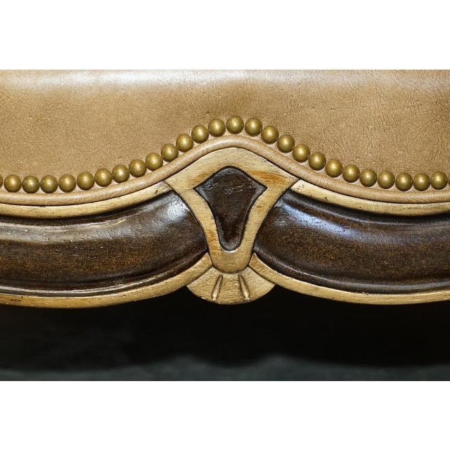 Set of Large Vintage Italian Brown Leather & Giltwood Throne Armchair & Footstool For Sale - Image 12 of 18