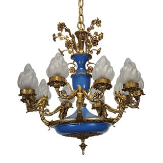Antique Regency Regal Royal Blue Empire Cherubs Holding Torches Brass Chandelier For Sale