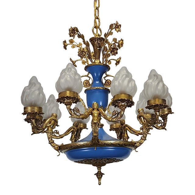 Antique Regency Regal Royal Blue Empire Cherubs Holding Torches Brass Chandelier For Sale