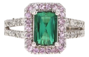2.56 Carat Green Tourmaline, Sapphire and Diamond Ring 14 Karat White Gold, Size 7